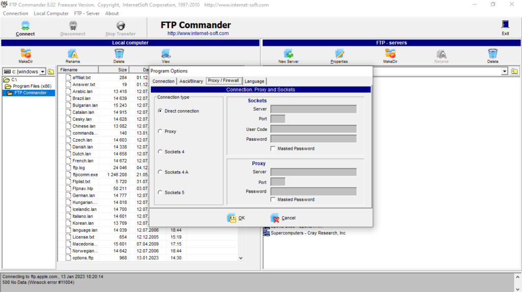 FTP Commander Proxy and firewall