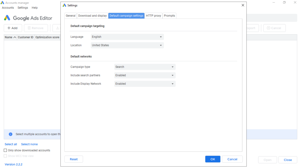 Google AdWords Editor Default campaign settings