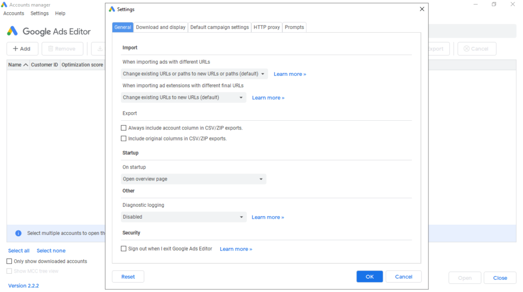 Google AdWords Editor General settings