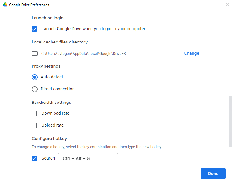 Google Drive Advanced settings