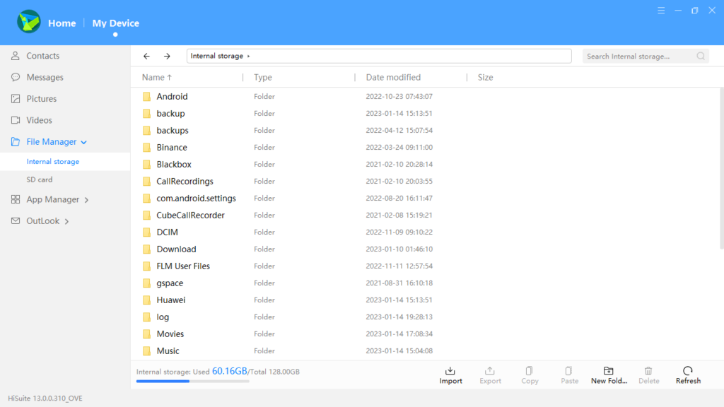 HiSuite Manage internal files