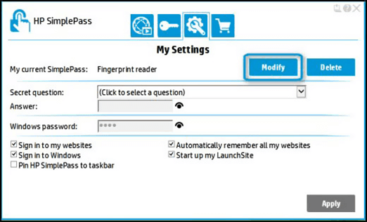 HP SimplePass General settings