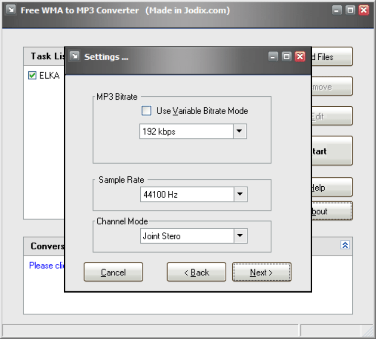 Jodix Free WMA to MP3 Converter Bitrate settings