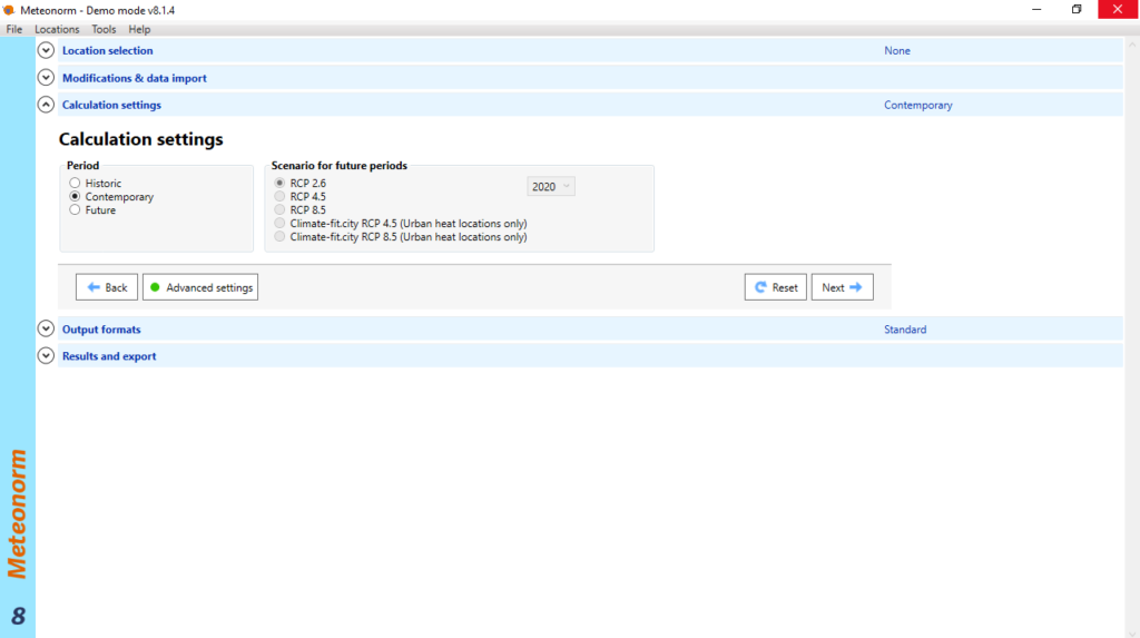 Meteonorm Calculation settings