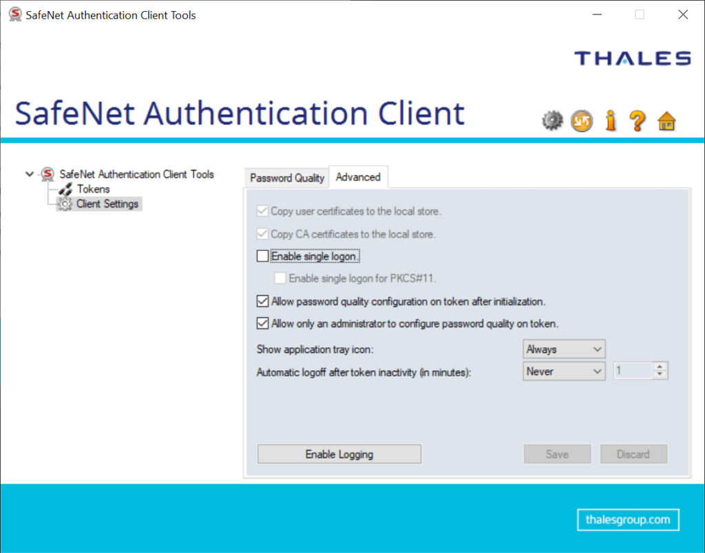 Safenet Authentication Client Advanced settings