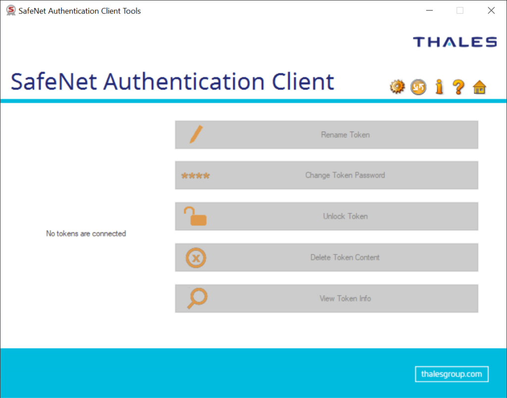 Safenet Authentication Client Main menu