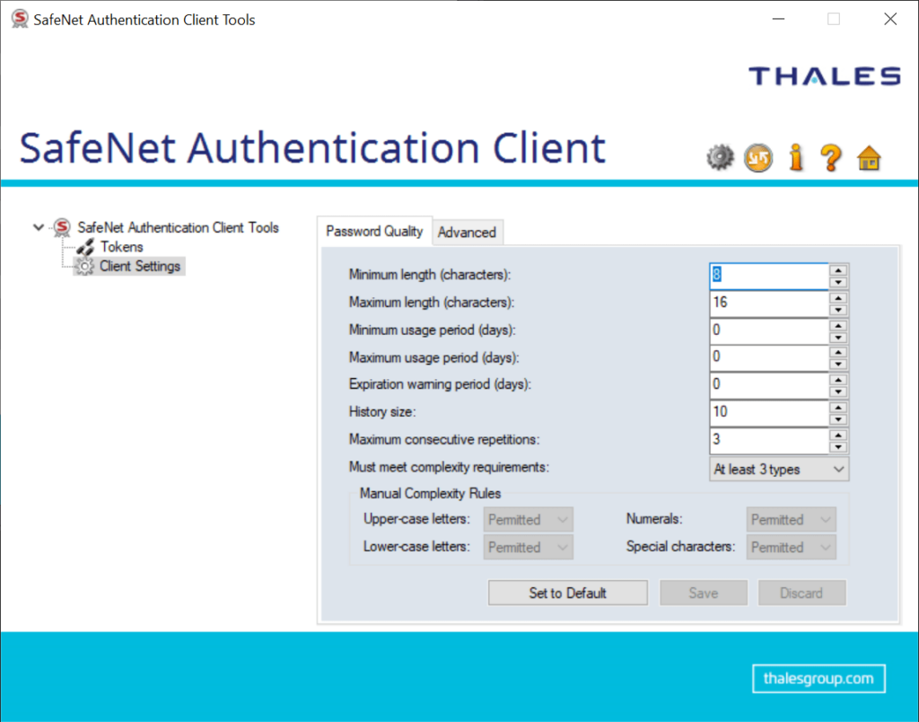 Safenet Authentication Client Password quality parameters