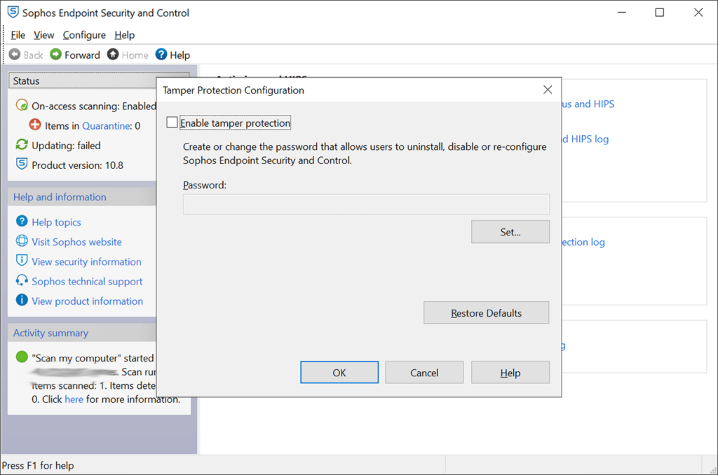 Sophos Endpoint Security and Control Tamper protection