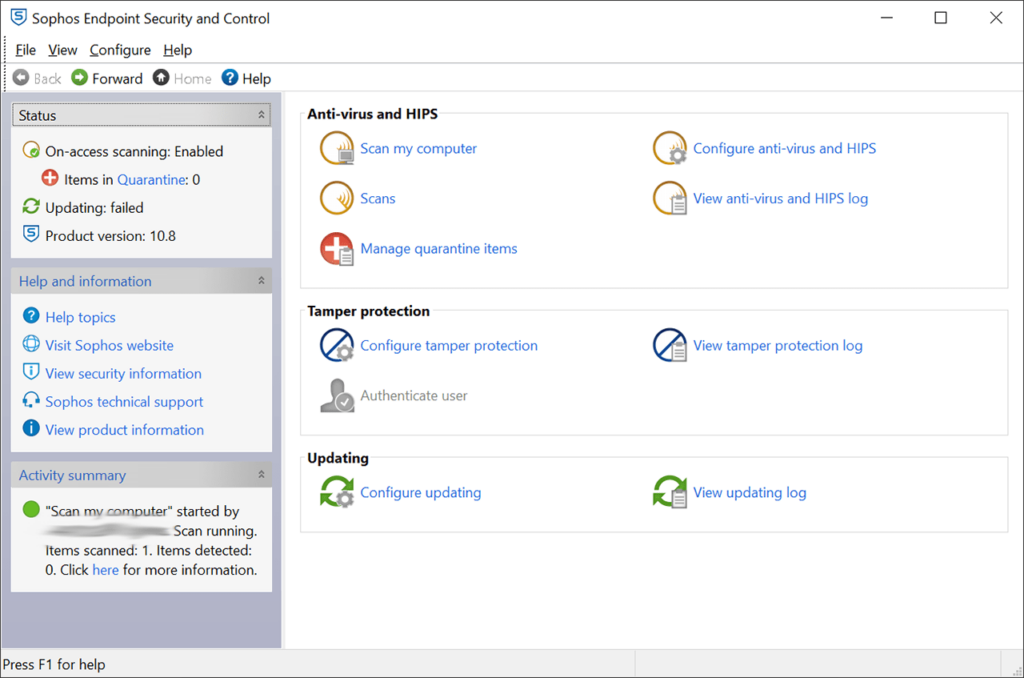 Sophos Endpoint Security and Control Welcome screen