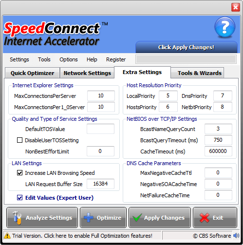 SpeedConnect Internet Accelerator Extra settings