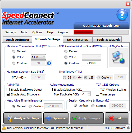 SpeedConnect Internet Accelerator Network settings