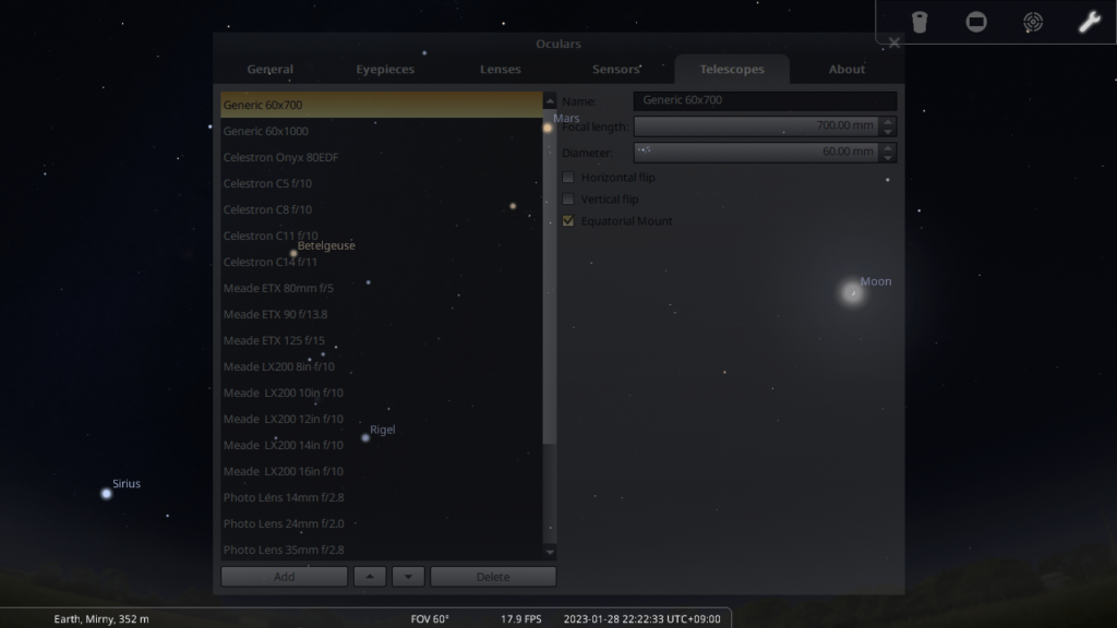 Stellarium Configure telescopes