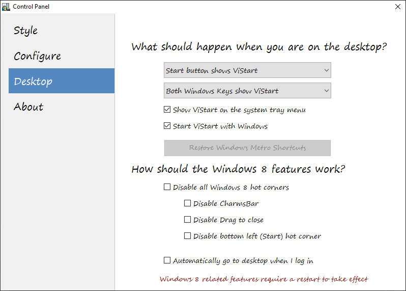 ViStart Desktop options
