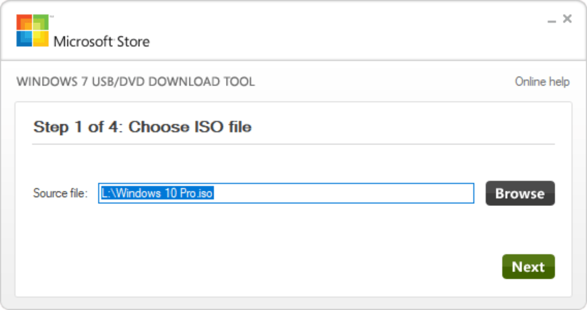 Windows USB DVD Download Tool Disk image selection