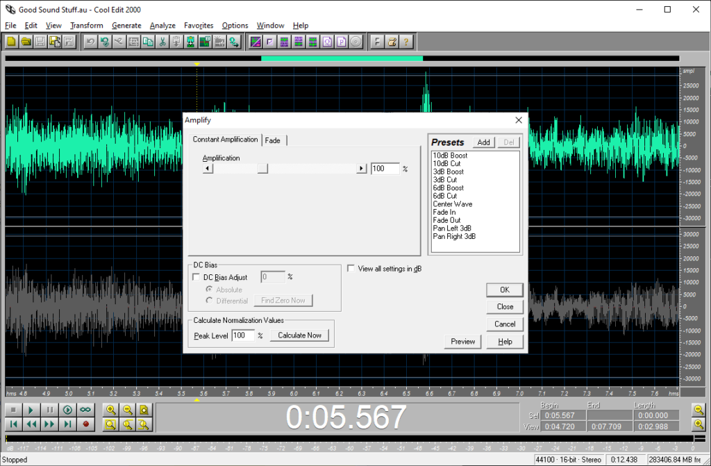 Cool Edit Pro 2000 Amplification parameters