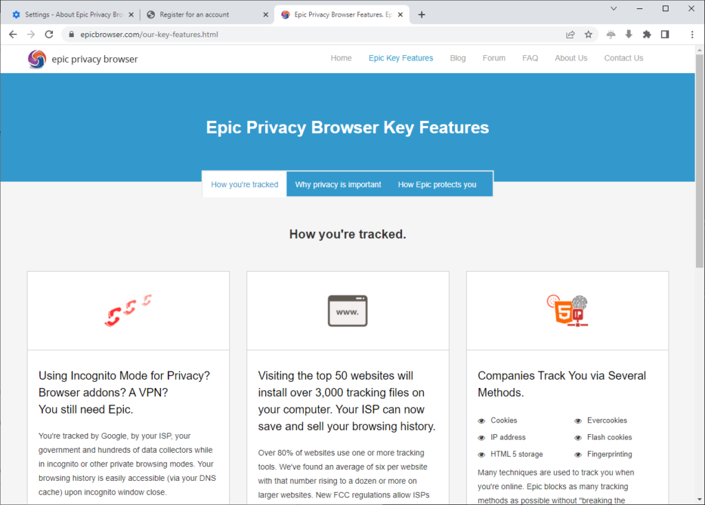 Epic Privacy Browser Key features