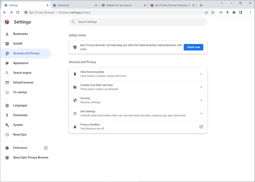 Epic Privacy Browser Security settings