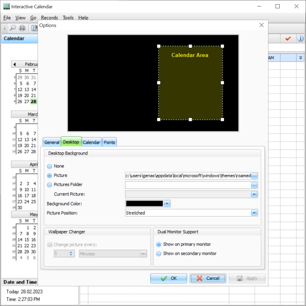 Interactive Calendar Desktop calendar settings