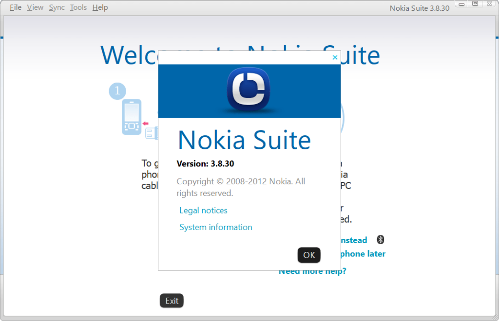 Nokia Ovi Suite About screen