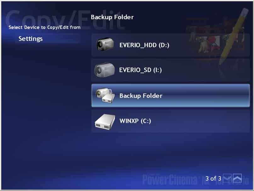 PowerCinema NE for Everio Backup parameters
