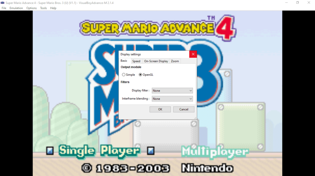 VisualBoyAdvance Display settings