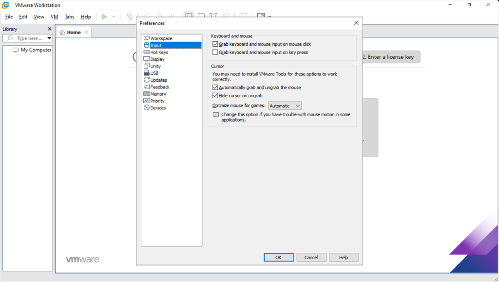 VMware Workstation Pro Input settings