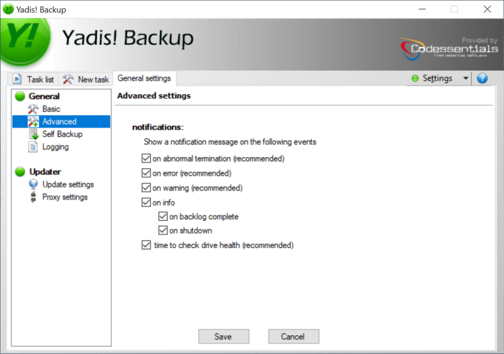 Yadis Backup Advanced settings