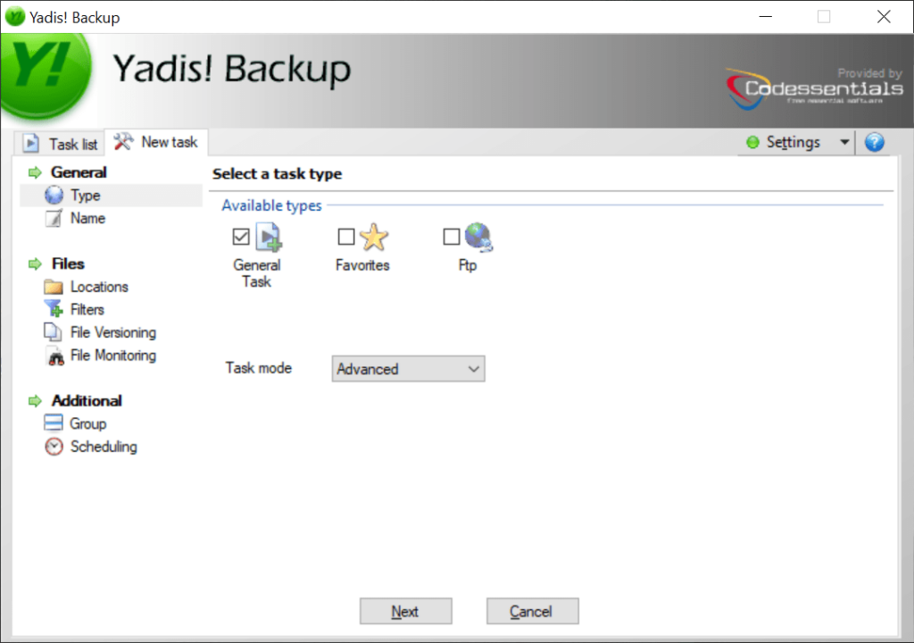 Yadis Backup Select task type