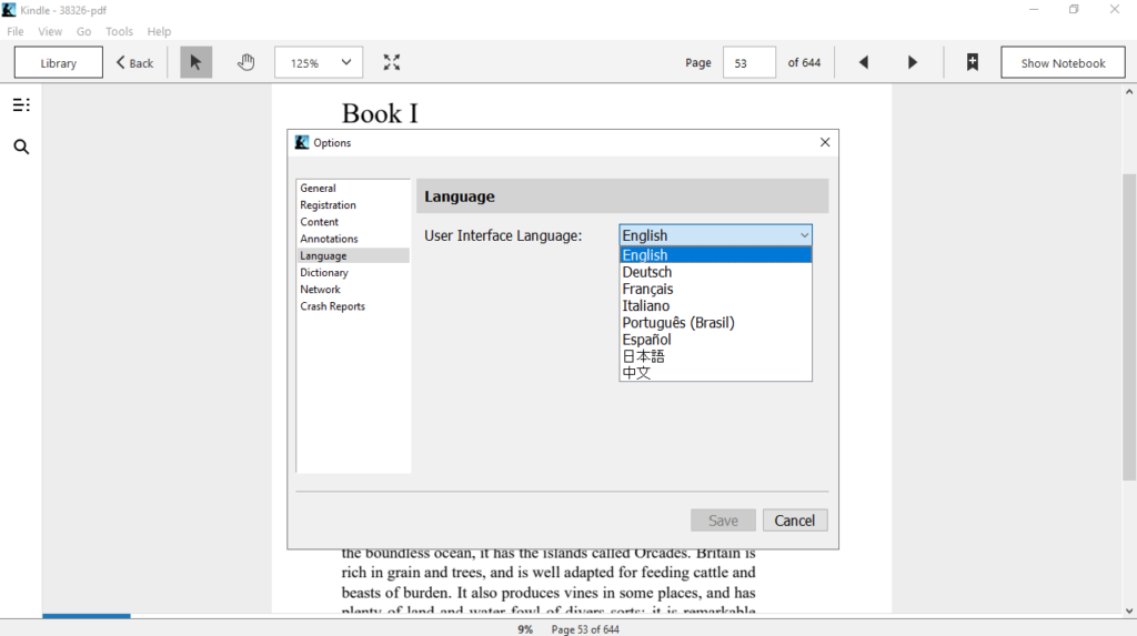 Kindle for PC Select interface language
