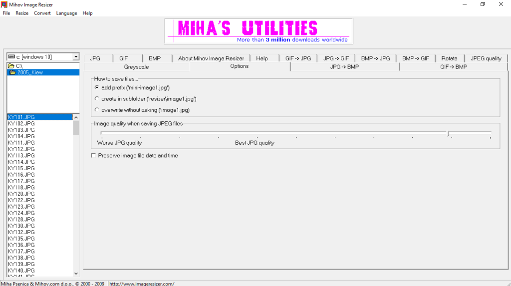 Mihov Image Resizer Options