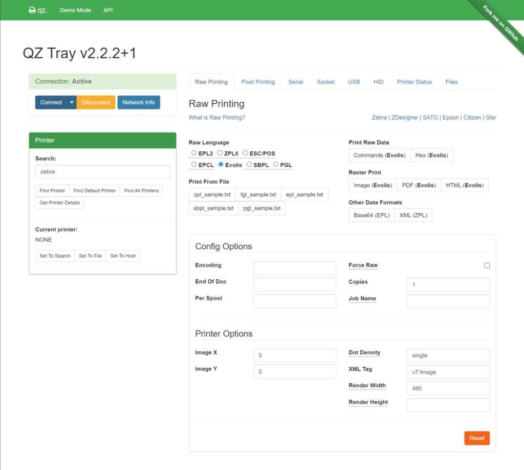 QZ Tray Web interface