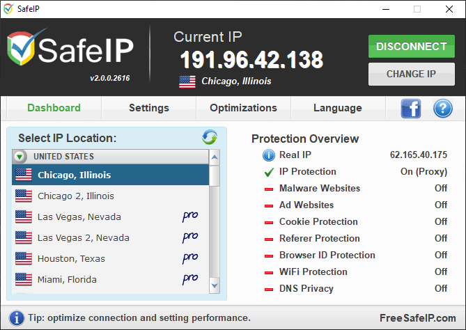 SafeIP Choose server location