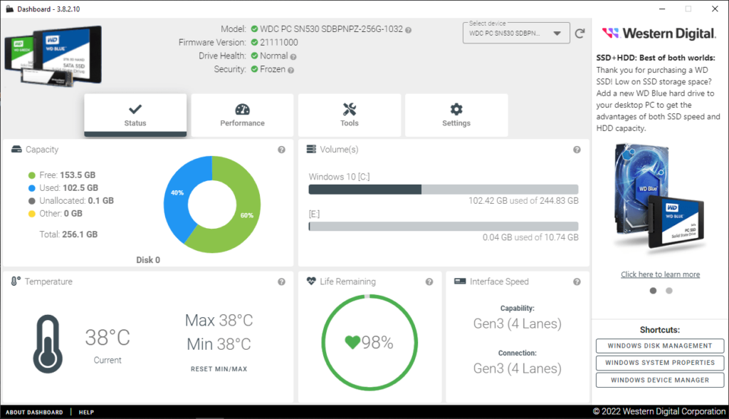 SanDisk SSD Dashboard See status