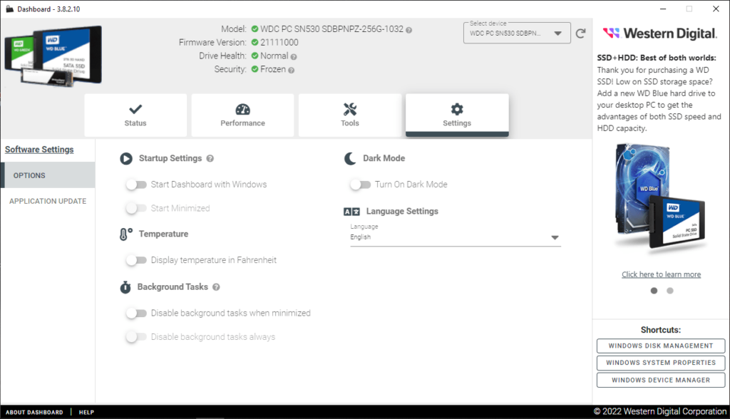 SanDisk SSD Dashboard Software settings