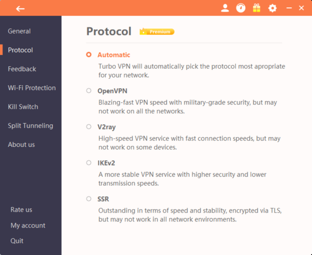 Turbo VPN Choose encryption protocol