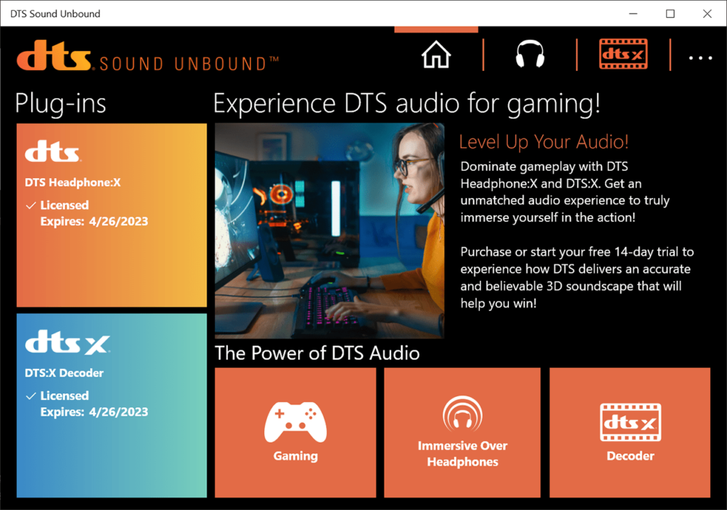DTS Sound Welcome page