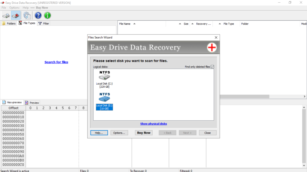 Easy Drive Data Recovery File search wizard