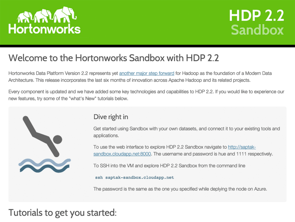 Hortonworks Sandbox Welcome page