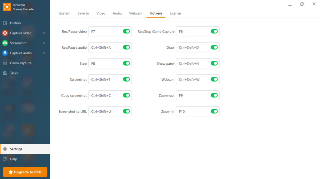 IceCream Screen Recorder Hotkeys