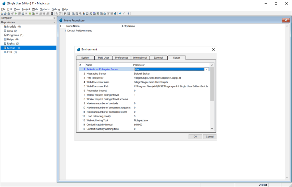 Magic xpa Server settings