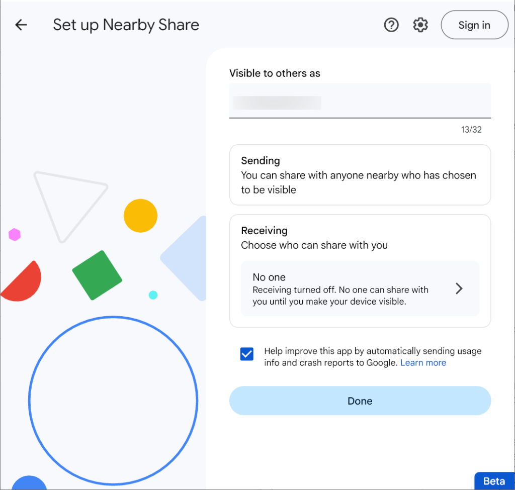 Nearby Share Initial setup
