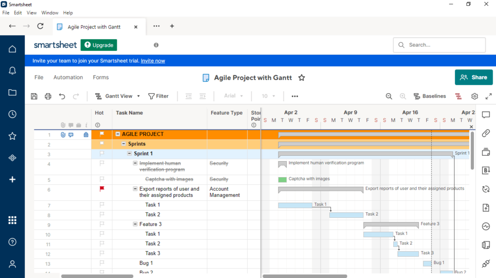 Smartsheet Agile project with Gantt