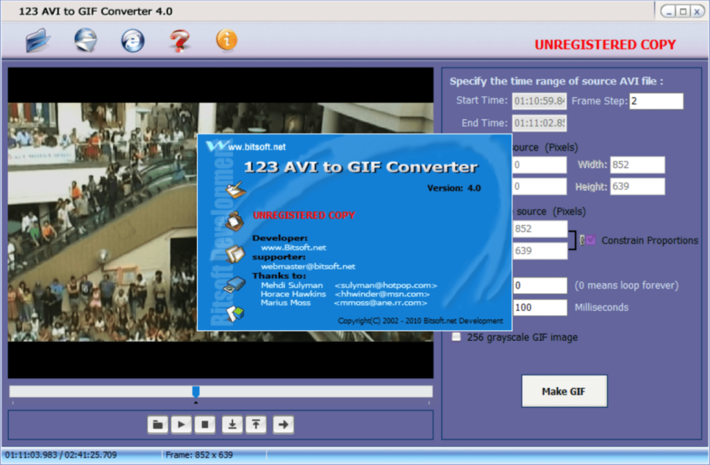 123 AVI to GIF Converter About screen
