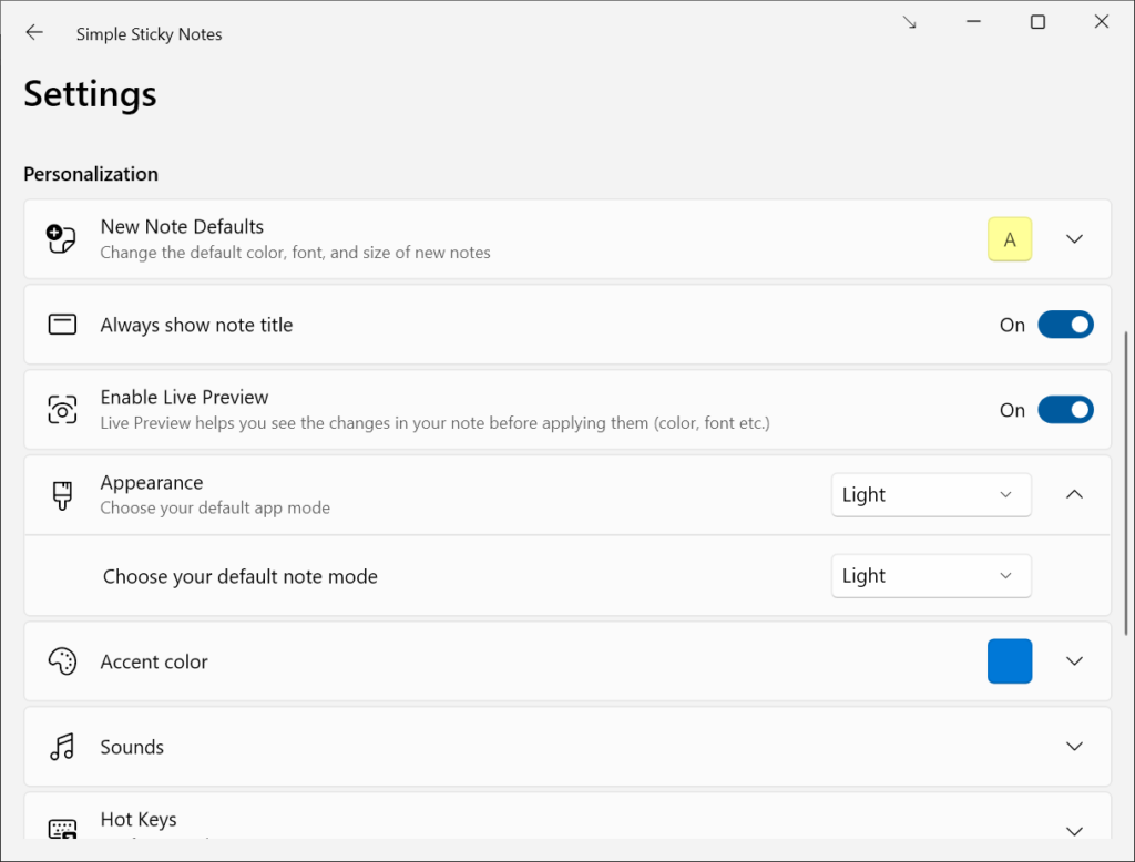 Simple Sticky Notes Personalization settings