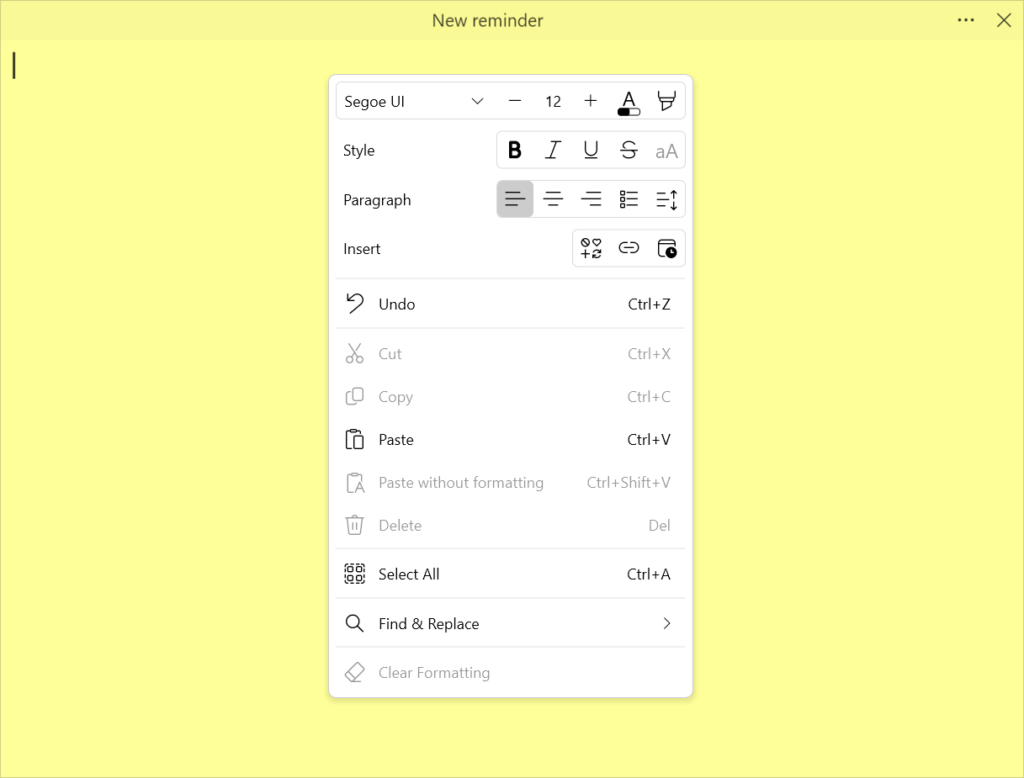 Simple Sticky Notes Text formatting options