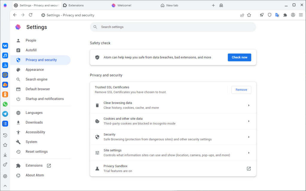 Atom Browser Privacy settings