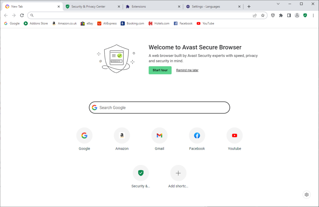 Avast Secure Browser Welcome page