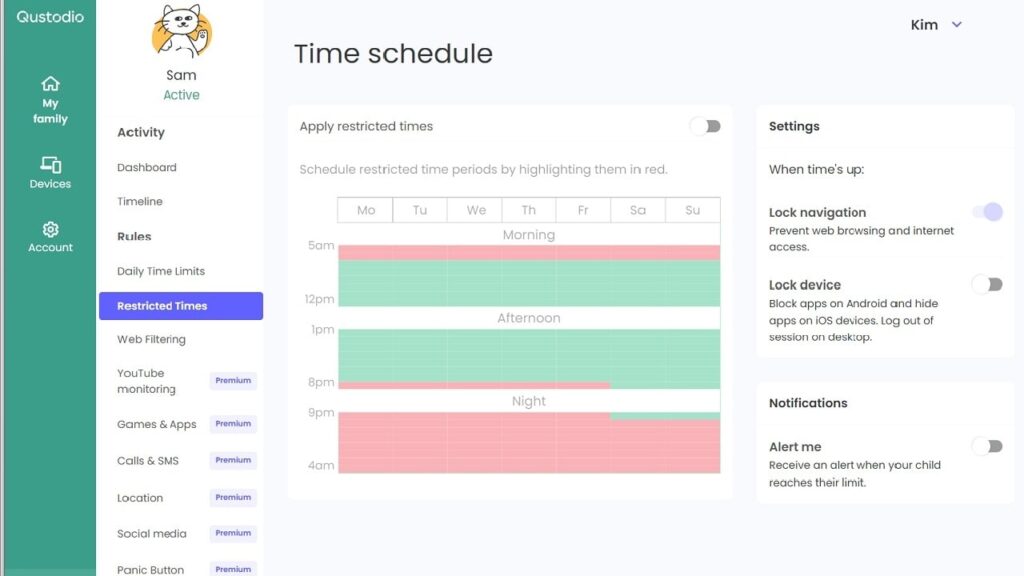 Qustodio Time schedule