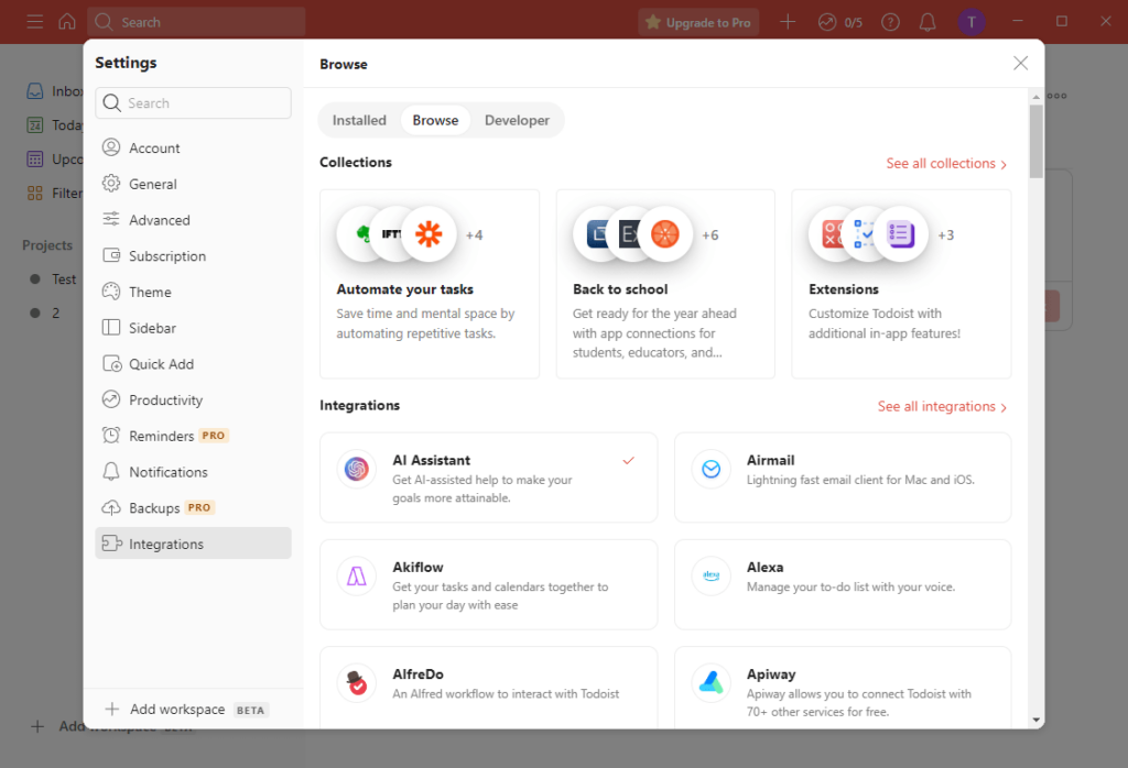 Todoist Available extensions
