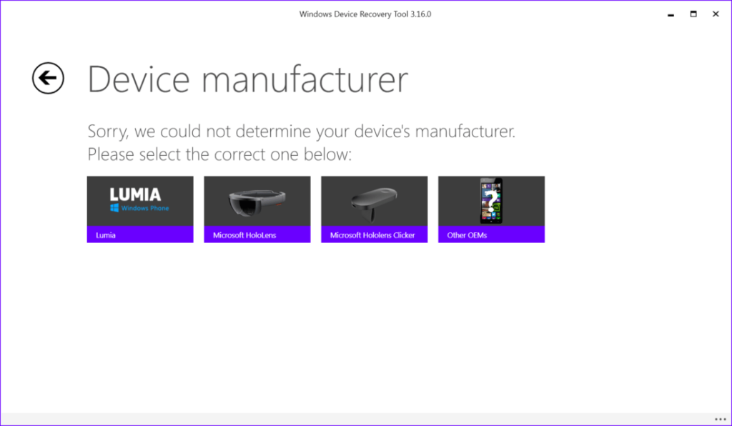 Windows Device Recovery Tool Device selection